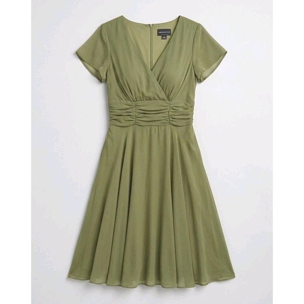 New Connected Apparel Olive Green Chiffon Midi Dress Size 10 Ruched Waist NWT